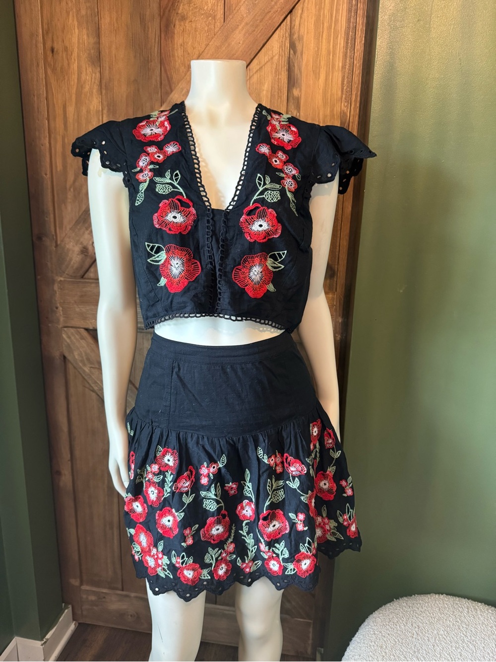 Anthropologie Black Crop & Skirt Set with Red and Green Embroidery